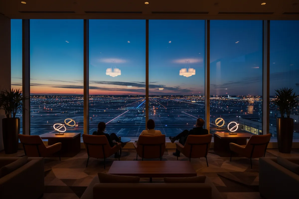 An empty, modern airport lounge with large windows overlooking the airfield at dusk.