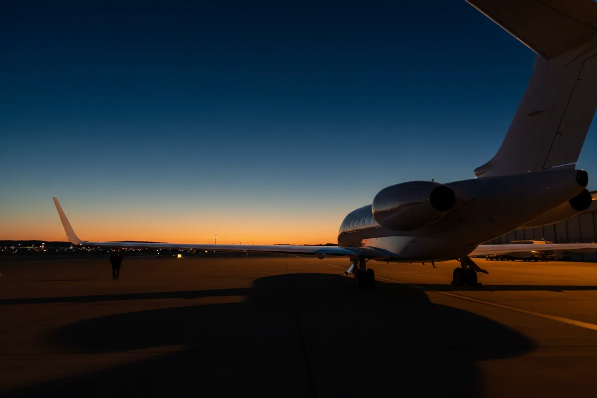 The tail of a white private jet on an airport tarmac at sunrise.