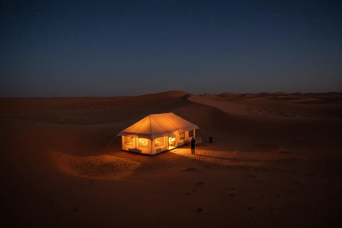 A single glowing luxury tent in a vast desert under a starry twilight sky.