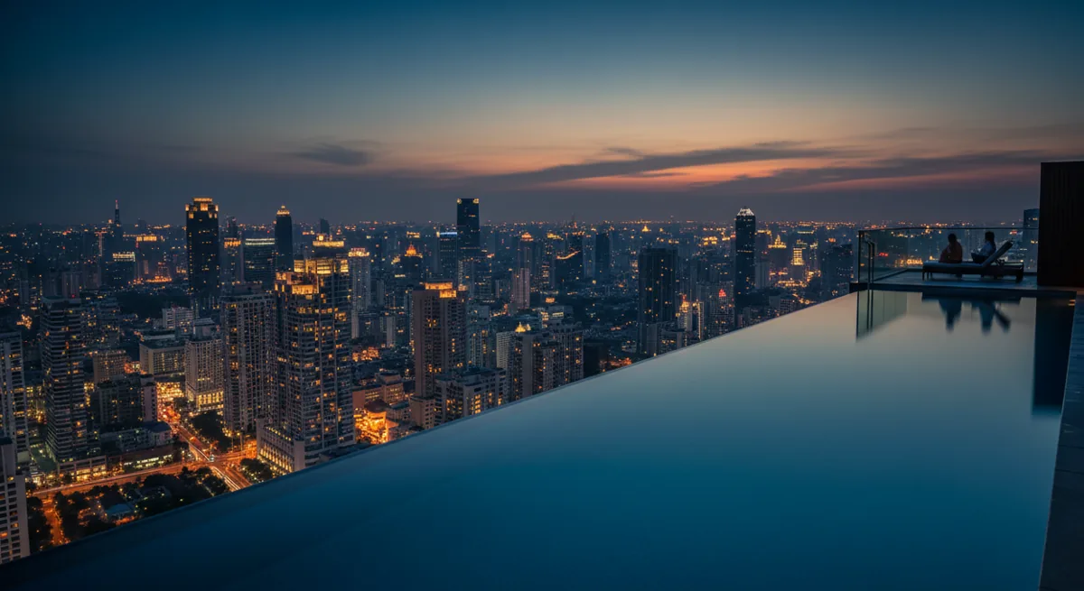 An infinity pool on a high-rise balcony overlooks a glowing city skyline at twilight.