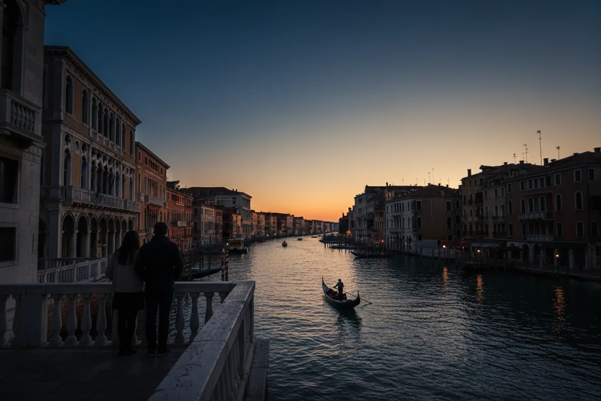 Two people on a terrace watch a gondola on the Grand Canal in Venice at dusk.