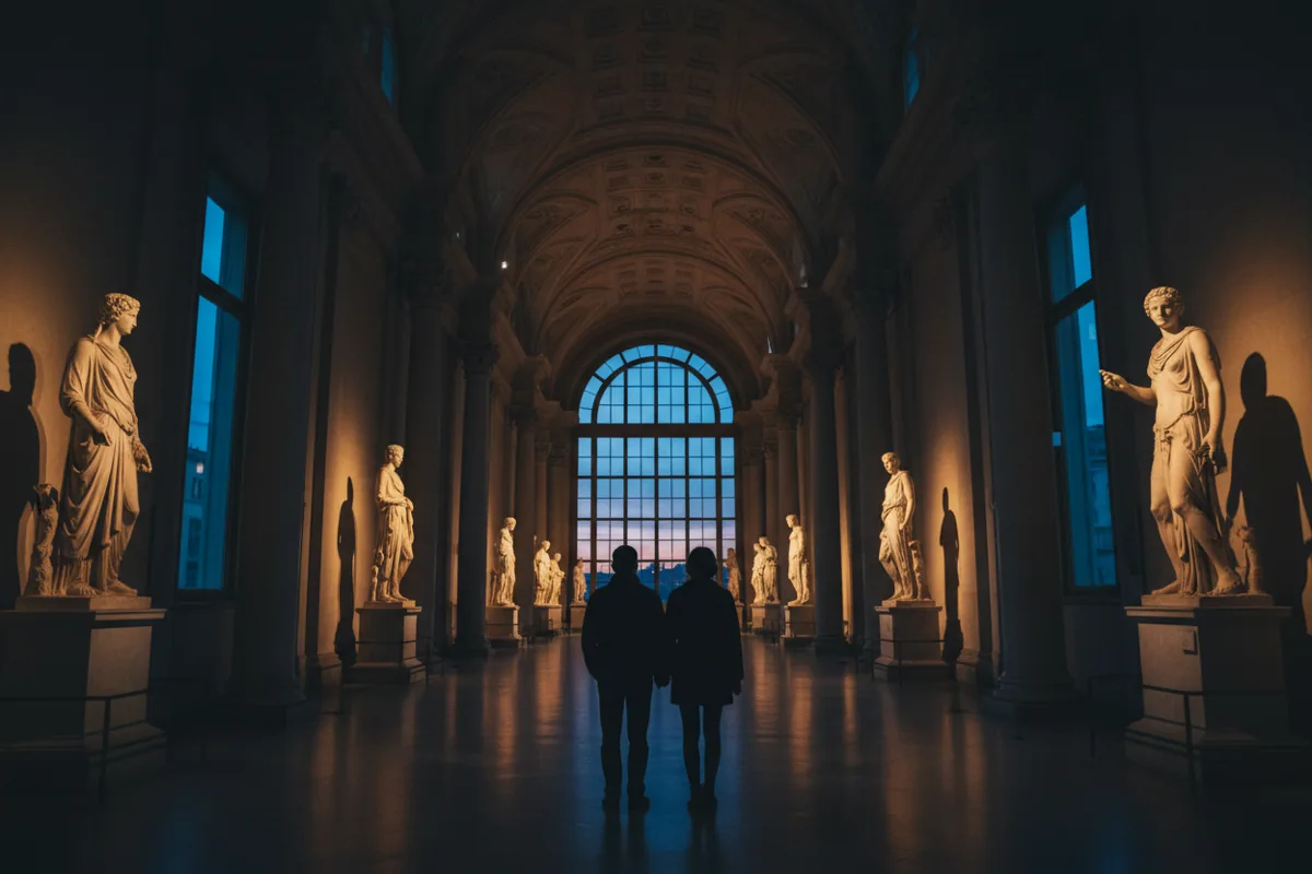 Two people in silhouette view sculptures in an empty museum gallery after hours.