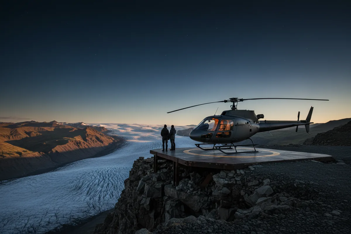 A helicopter rests on a cliffside landing pad at dusk, overlooking a vast glacial valley.