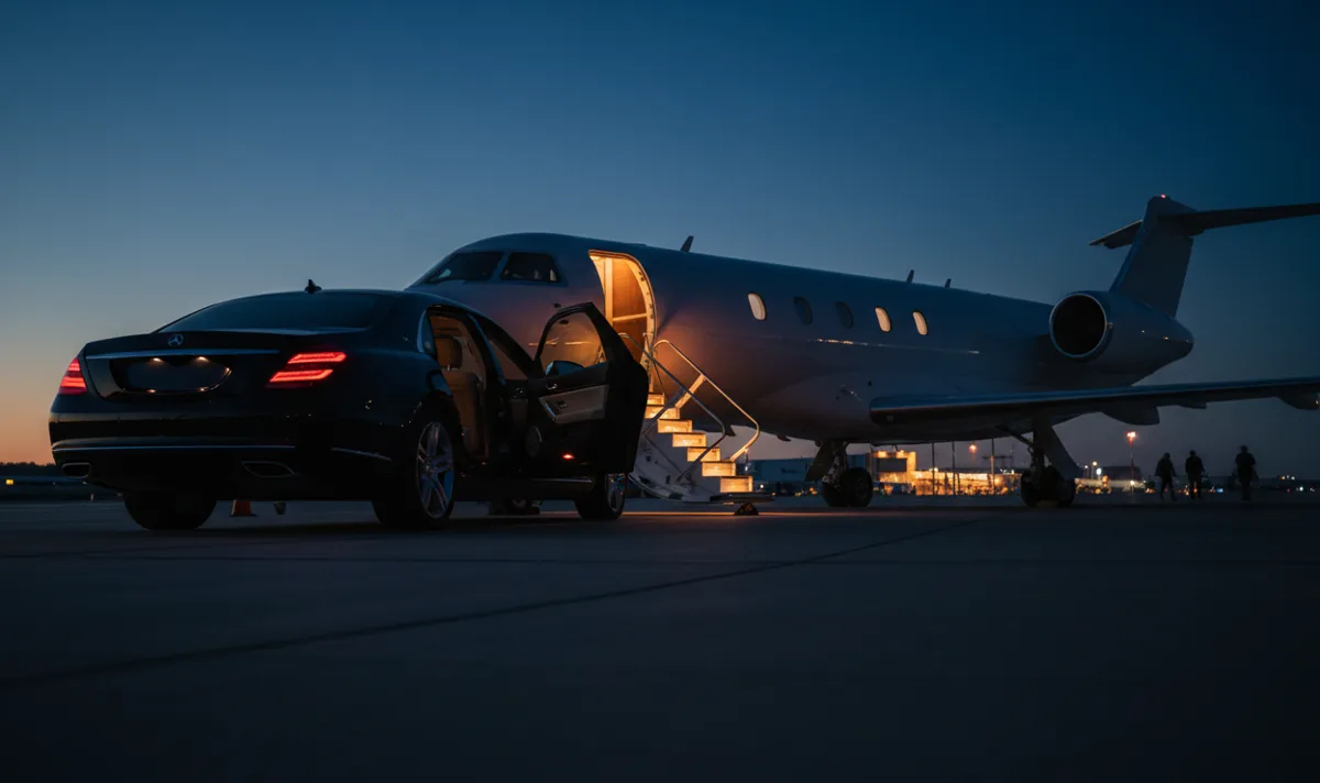 A black car waits with an open door next to the stairs of a private jet on an airfield at dusk.