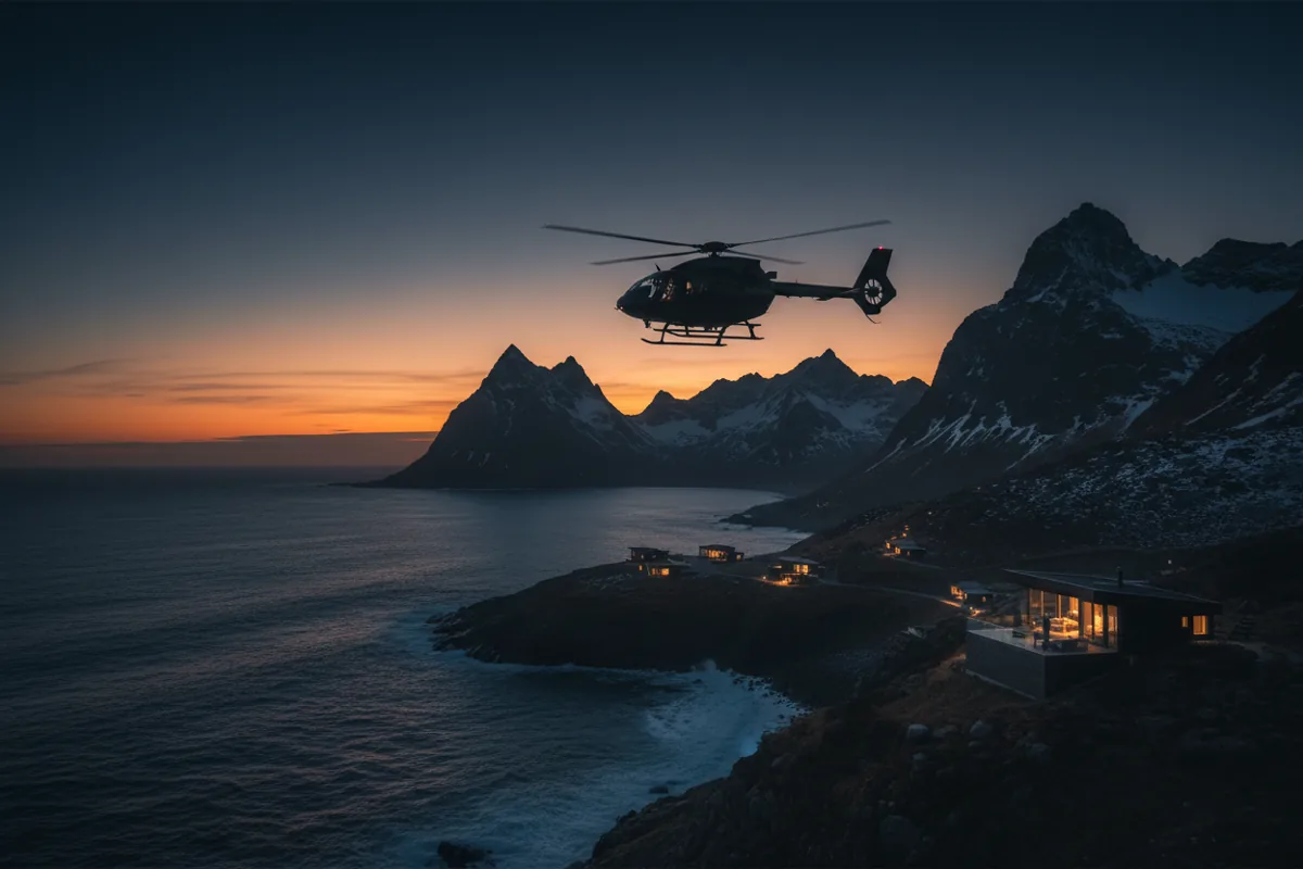 A helicopter flies over a dramatic mountain coastline at twilight.