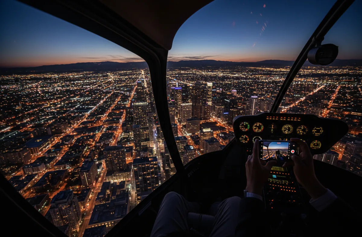 View from inside a helicopter of a city at night, with hands holding a phone to take a photo.