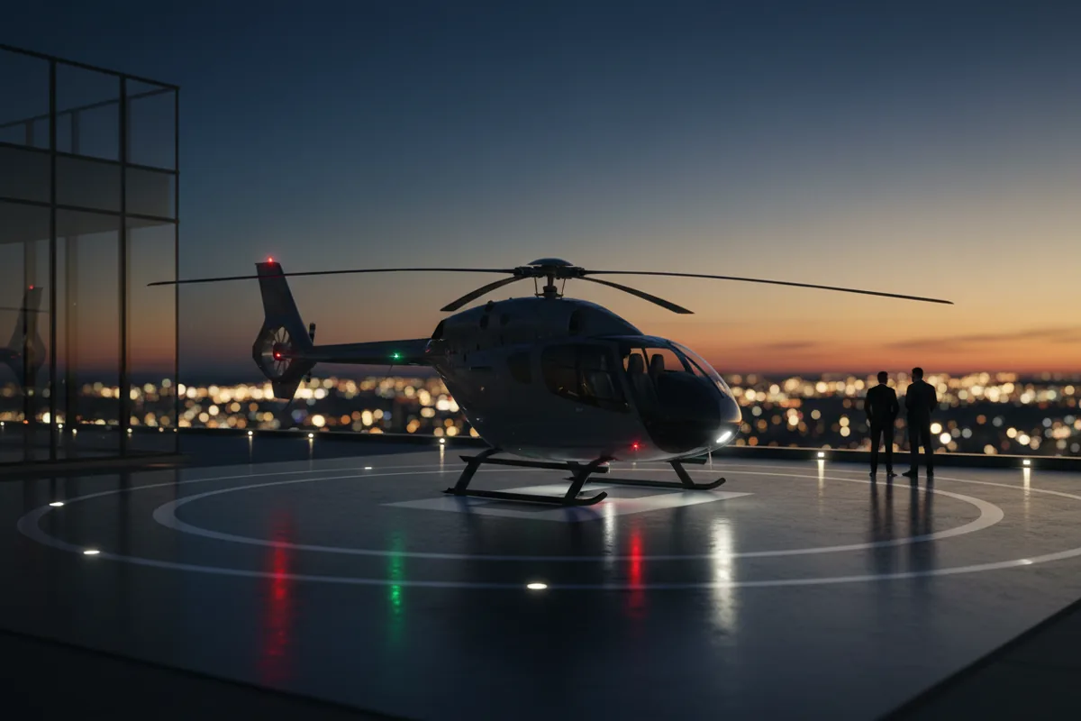 A helicopter on a rooftop helipad at dusk, with city lights blurred in the background.