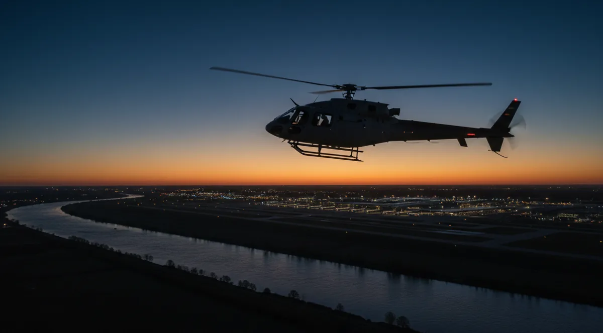 A helicopter flies toward a brightly lit airport at dusk.