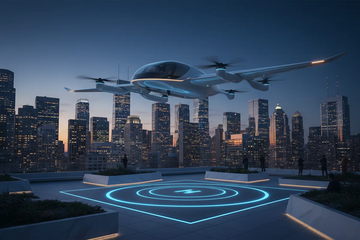 A futuristic electric air taxi hovers over a rooftop landing pad in a modern city at twilight.