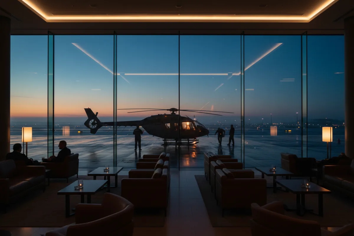 View from a modern lounge looking out at a helicopter on a helipad at dusk.