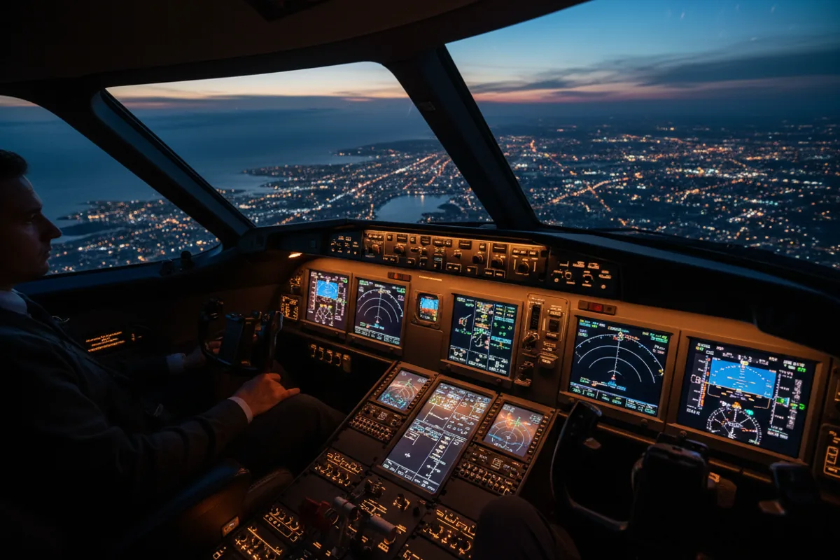 View from a private jet cockpit showing glowing instruments and the city lights of a coastal city at dusk.