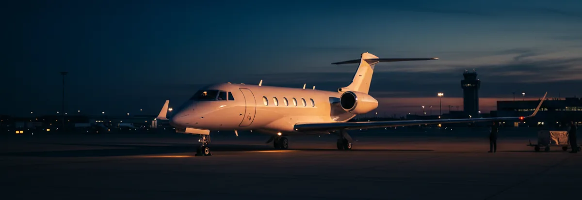 A white private jet parked on a tarmac, glowing in the light of a sunrise.