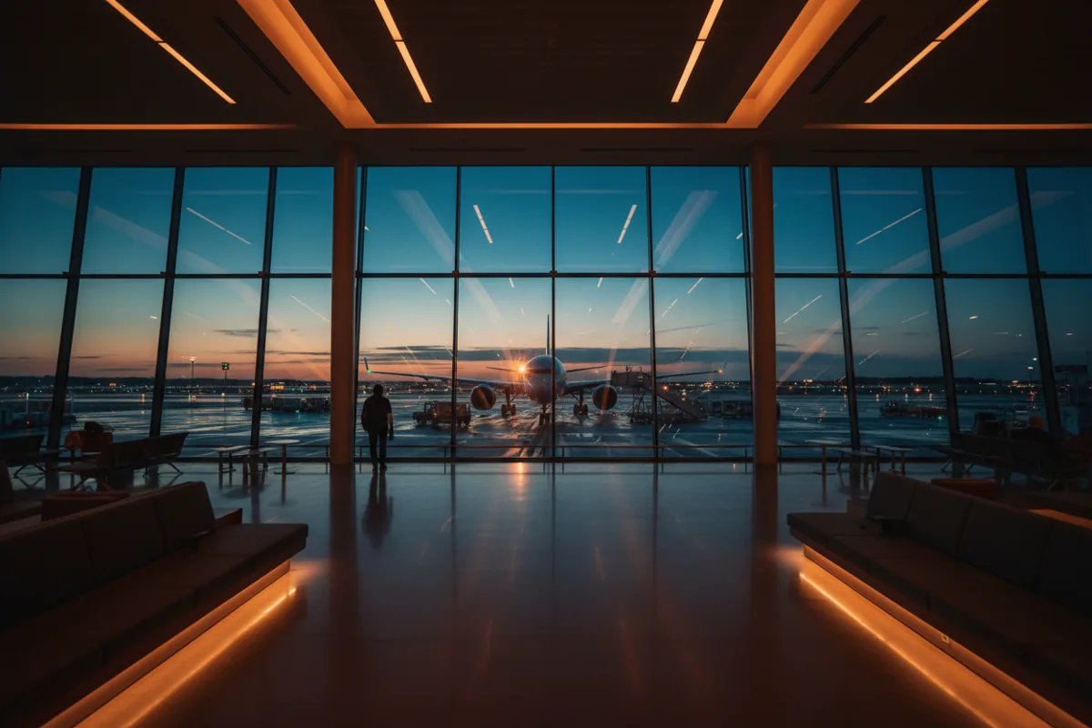 A modern airport terminal interior with large windows overlooking the tarmac and an airplane at dusk.