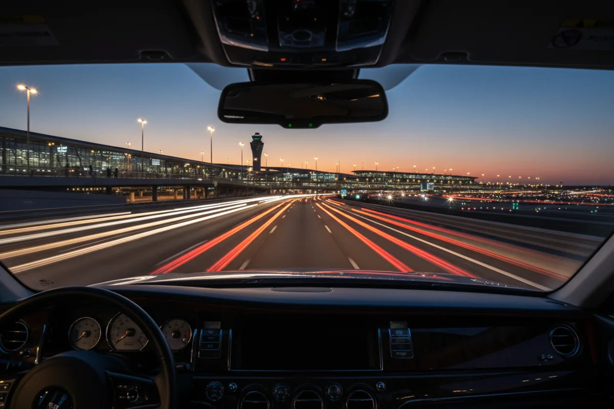 View from a car approaching a brightly lit airport terminal complex on a highway at night.