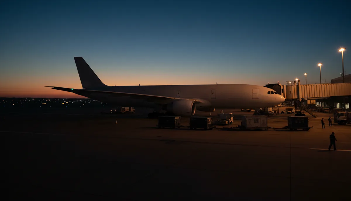 A plain white wide-body airliner parked at a JFK Airport gate on a clear day.
