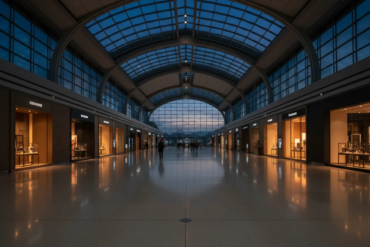 A spacious, modern airport concourse with glowing lights and architectural details at twilight.