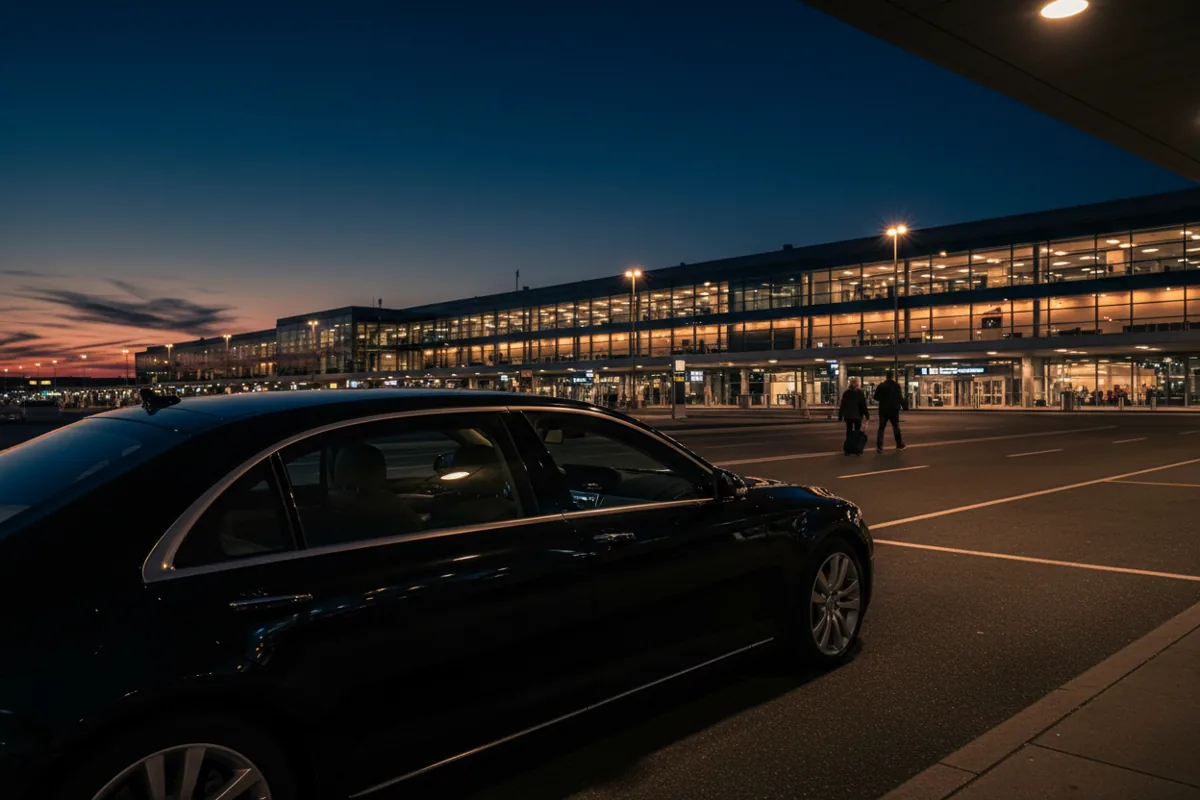 A luxury sedan parked at an airport terminal curb in the evening.