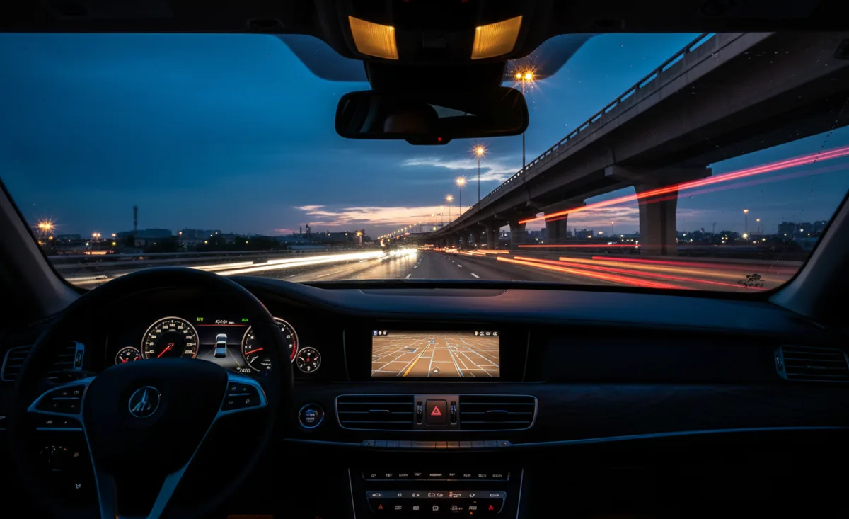 View from a car's passenger seat driving on a highway at dusk, with light trails from other vehicles.