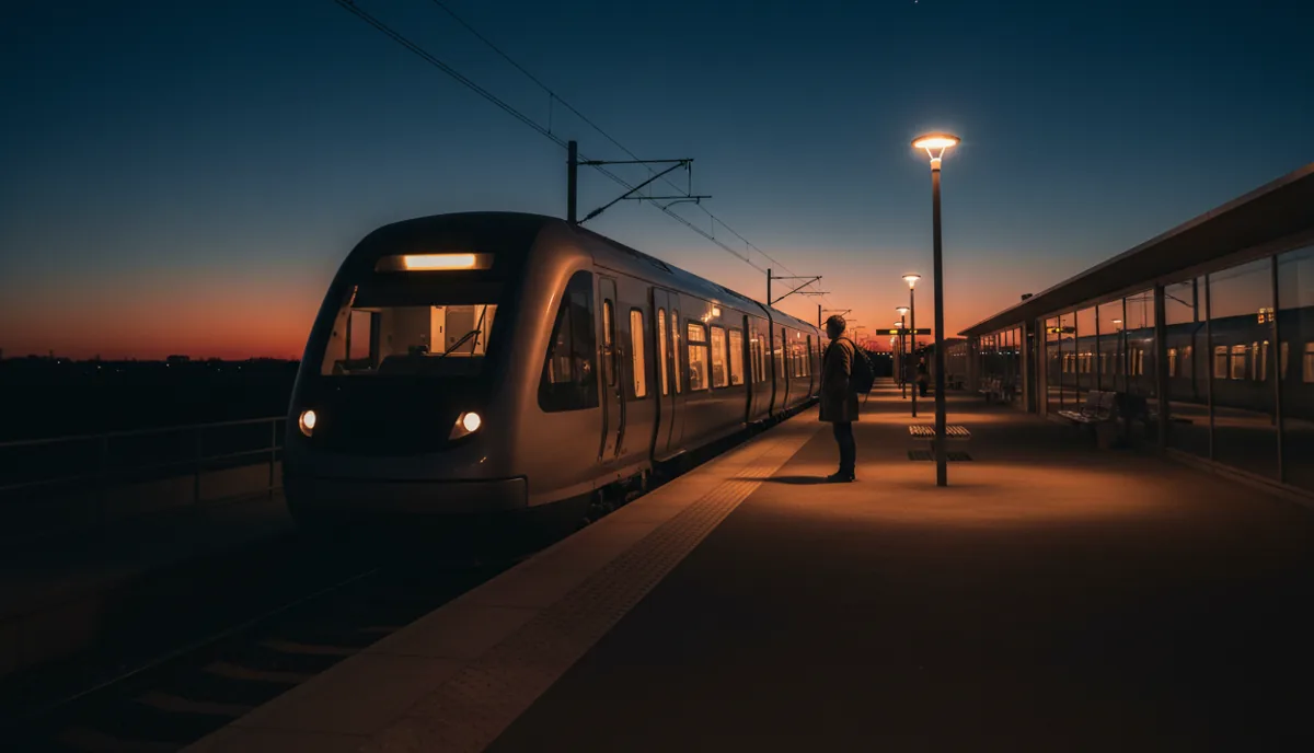 A modern train with glowing windows arriving at an outdoor station platform at twilight.