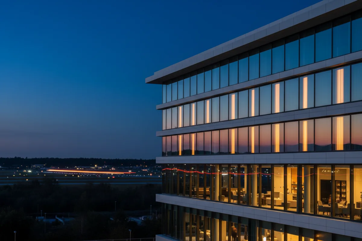 A contemporary hotel with glowing windows at dusk, with an airport runway visible in the background.