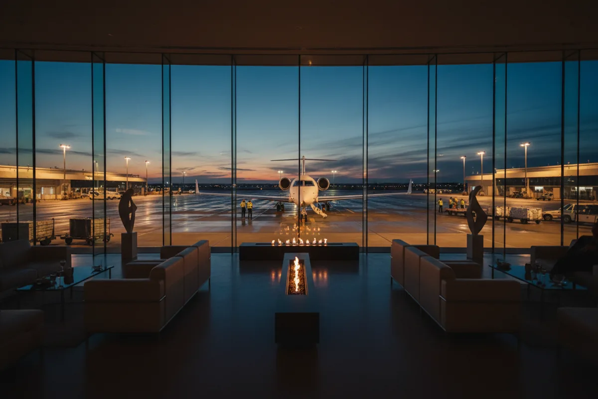 A modern airport lounge with a view of a private jet on the tarmac at twilight.