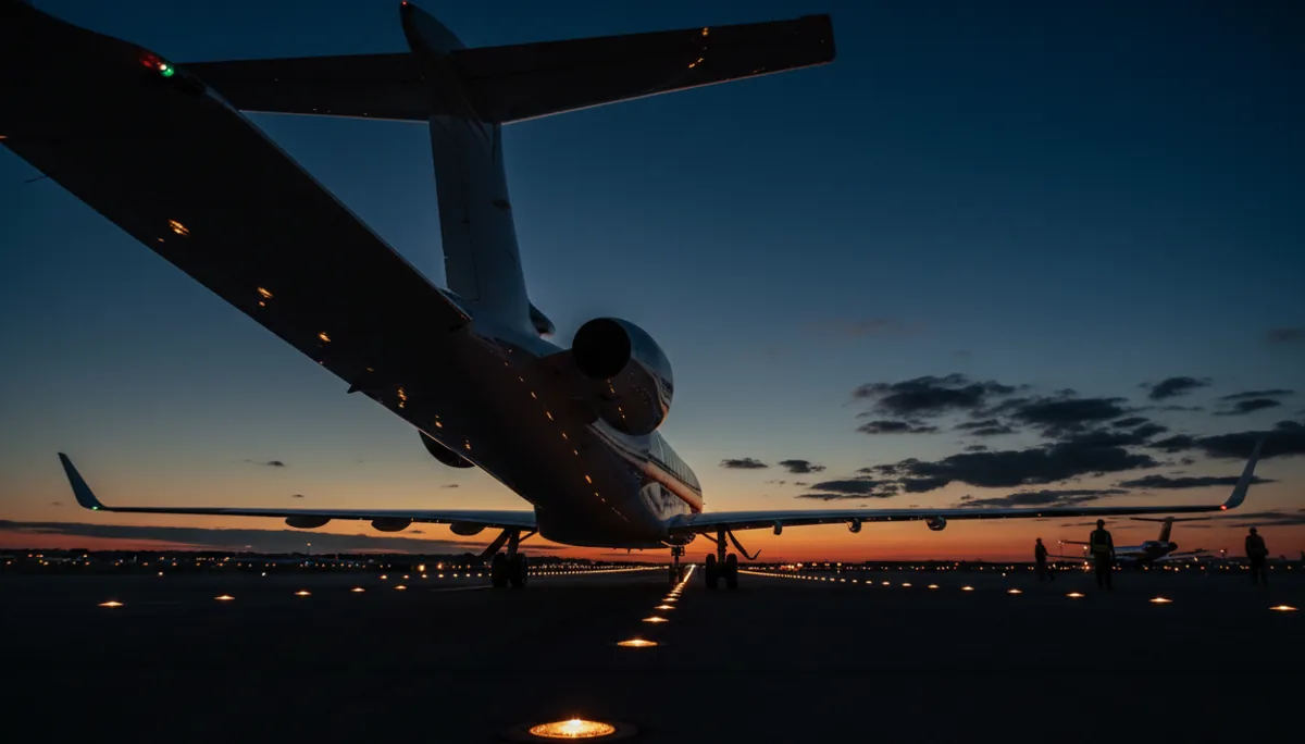 View of a private jet's wing on a runway at dusk, with glowing lights in the distance.