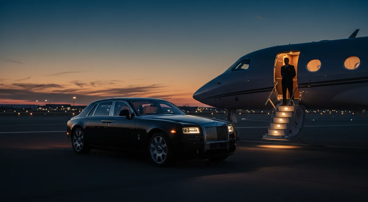 A luxury car parked by the stairs to a private jet on the tarmac at night.