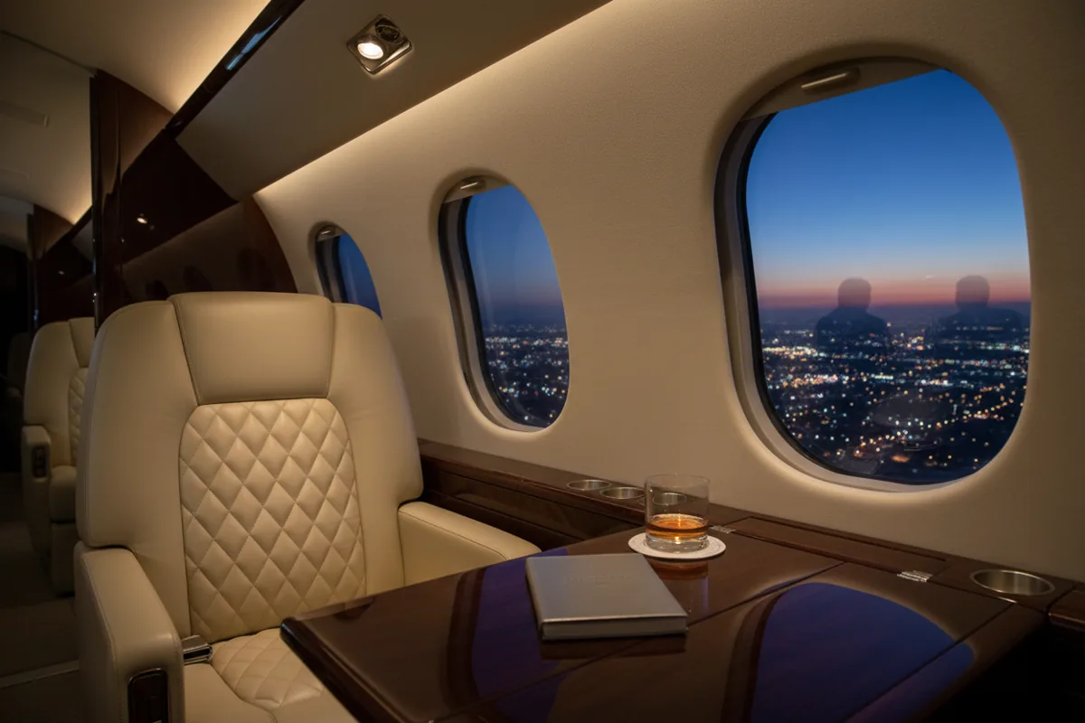 The luxurious interior of a private jet cabin with a view of city lights from the window at night.
