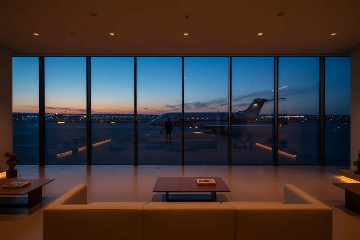 A person looks out from a modern private airport lounge onto a jet waiting on the tarmac at dusk.