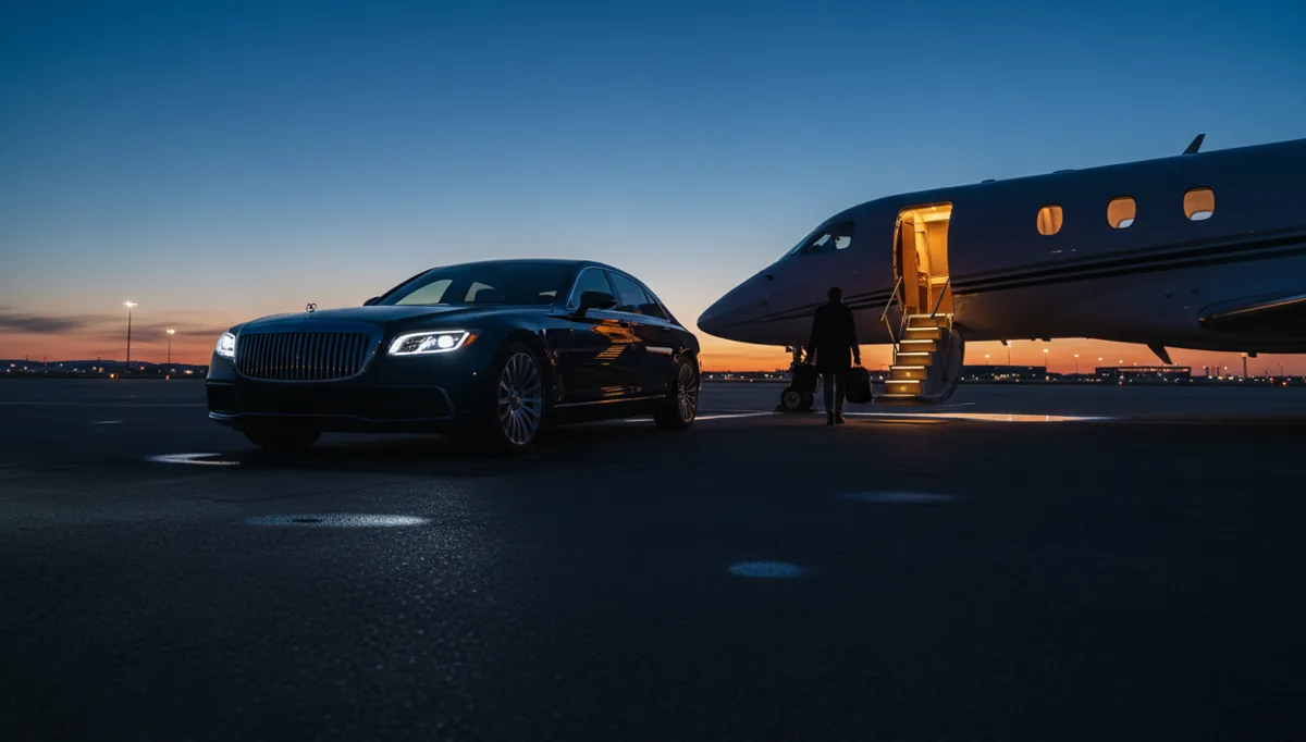 A luxury car parked next to a private jet on the tarmac at twilight, ready for passengers to board.