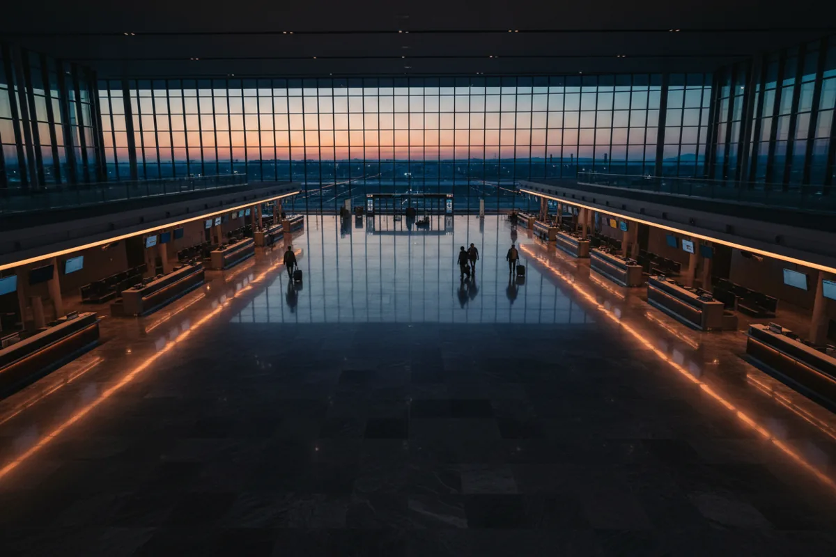 A modern, empty airport check-in hall viewed from above at dusk, with warm lights reflecting on the floor.