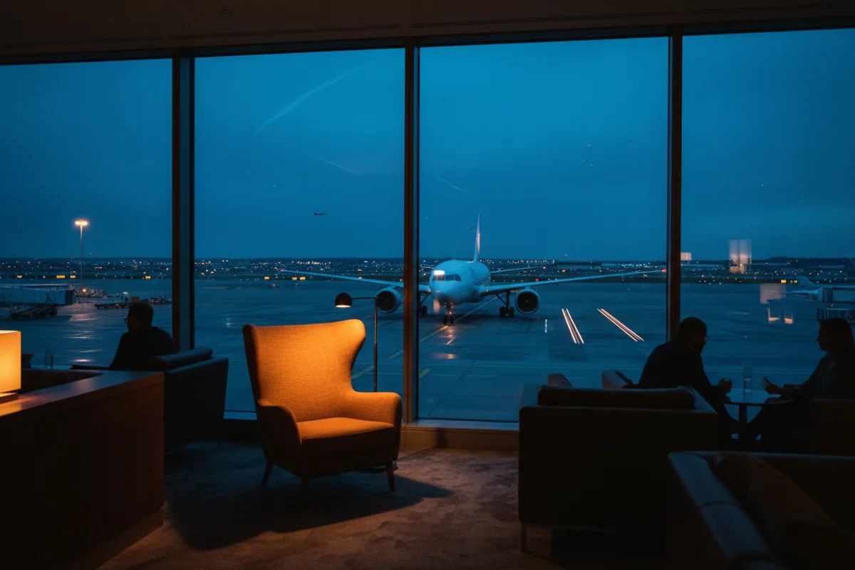 An empty armchair in a quiet airport lounge looks out onto an airplane on the tarmac at dusk.