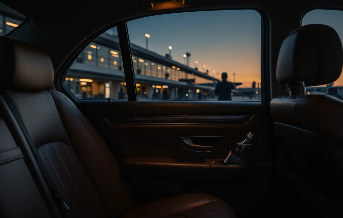 View from the back seat of a luxury car looking out at the JFK Airport terminal.