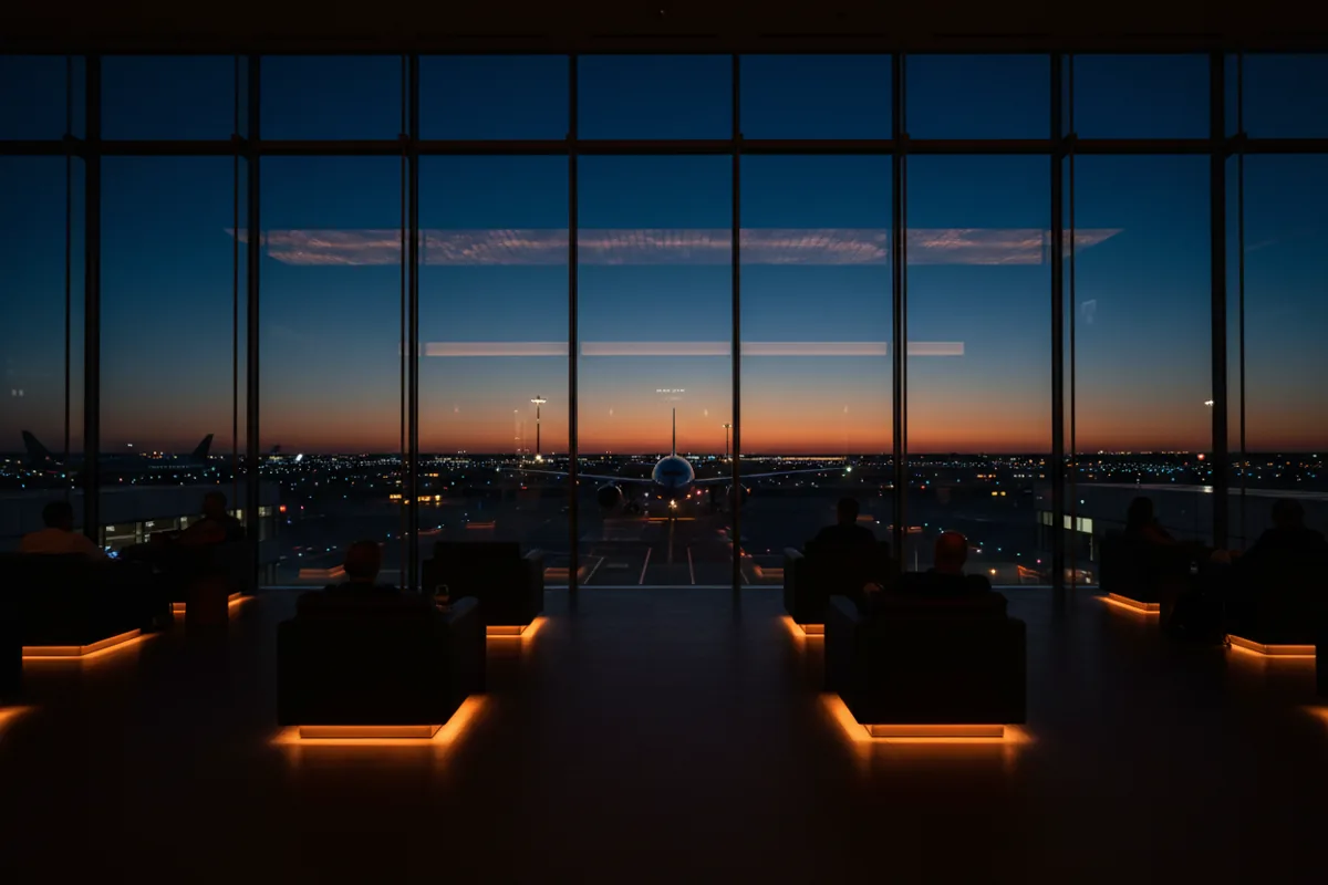 A modern, quiet airport lounge with large windows overlooking the tarmac at dusk.