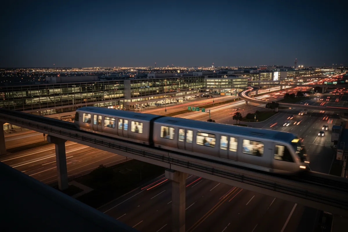 An airport monorail train moving along an elevated track at twilight, with terminal lights below.