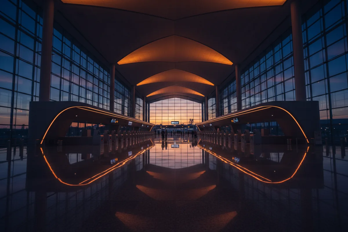 An empty, modern airport customs hall with polished floors and warm lighting at dusk.