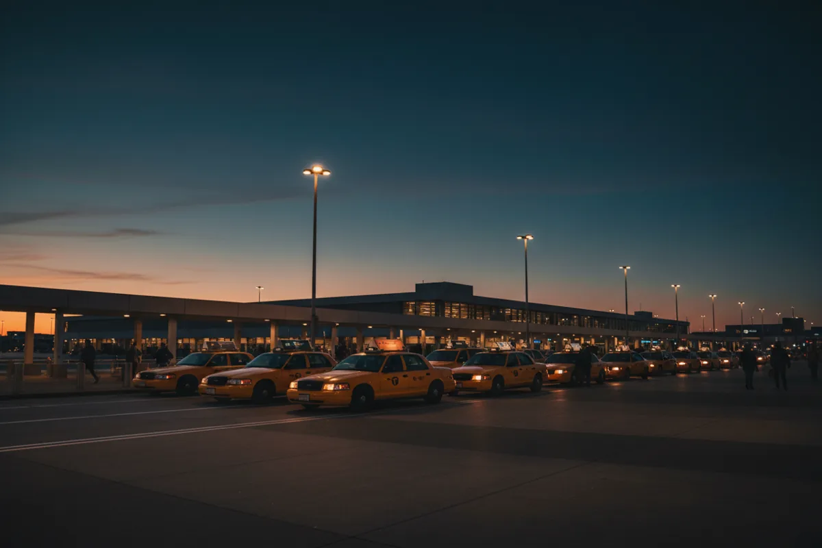 A line of yellow NYC taxis waits at a sunny JFK Airport terminal curb.