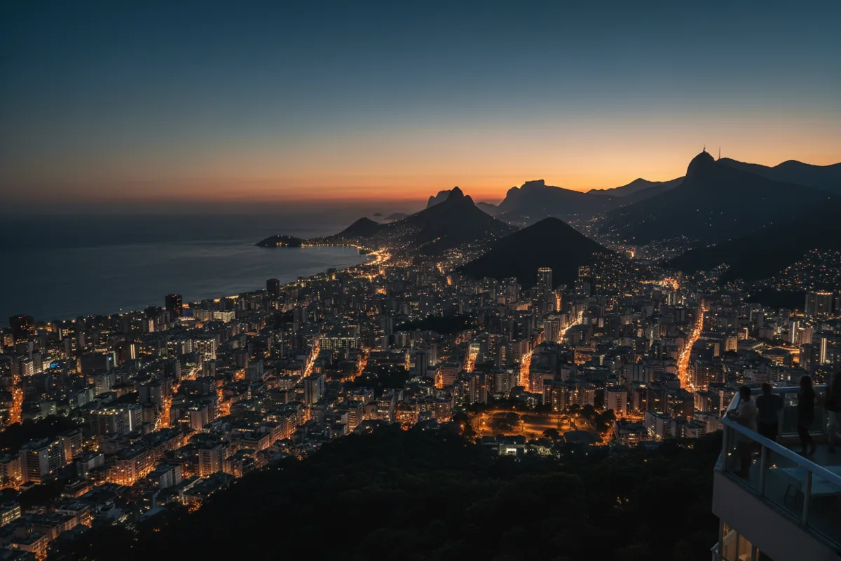 An aerial view of a sprawling coastal city in Brazil at dusk, with lights twinkling.