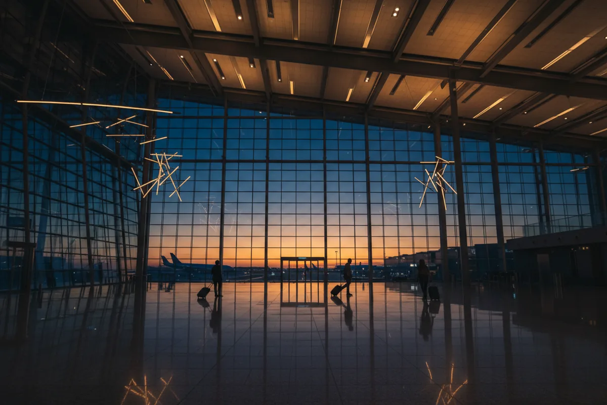 The interior of a large, modern airport departure hall with a few travelers in the distance.