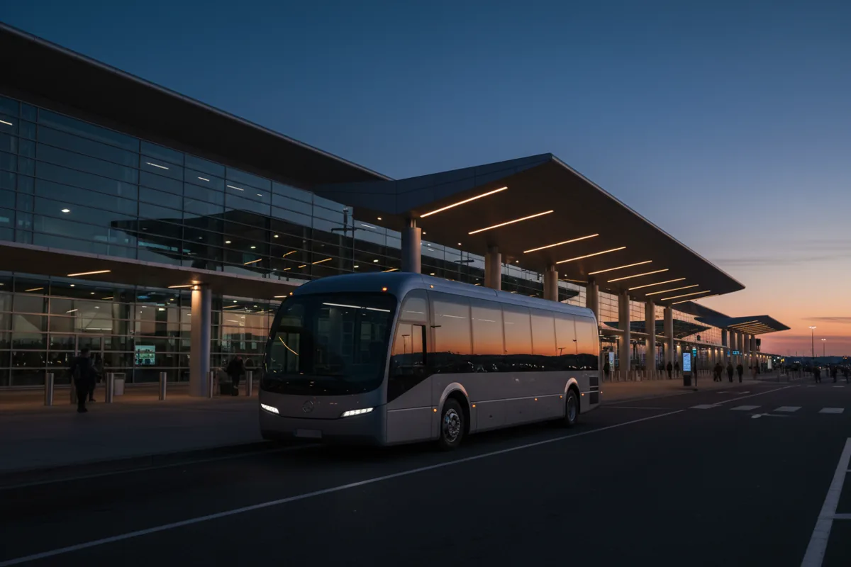 An empty airport shuttle bus parked outside a JFK terminal, ready for inter-terminal transport.