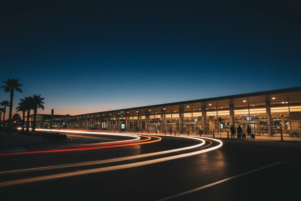 The arrivals curb at an airport at night, with car light trails and a glowing terminal entrance.