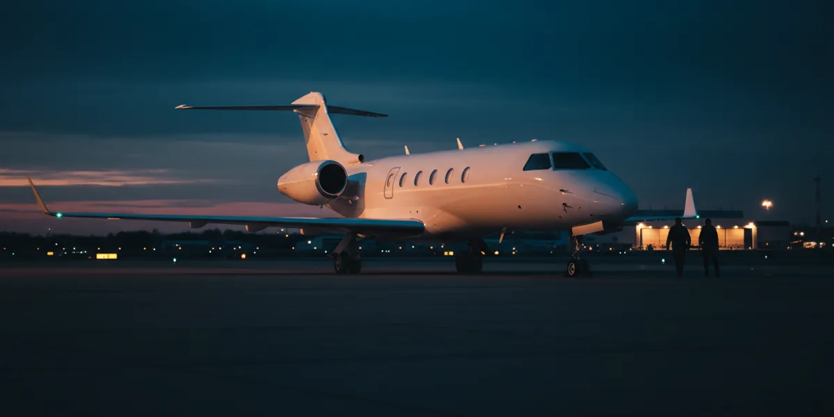 A white private jet parked on an airport tarmac on a sunny day.
