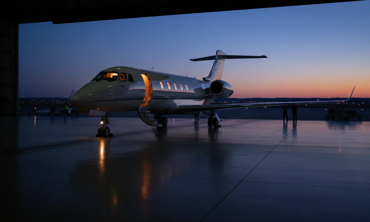 A light private jet with glowing cabin lights sits inside an open hangar at twilight.