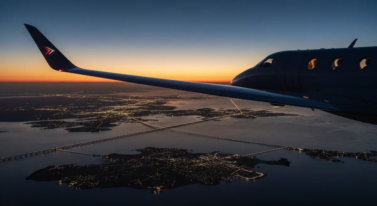 View from a private jet window, flying over the Chesapeake Bay at twilight.