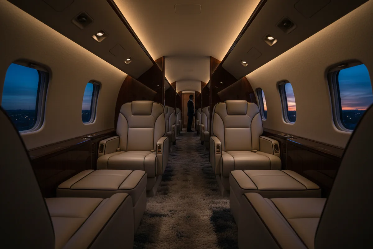 The luxurious interior cabin of a private jet, with empty leather seats and warm lighting.