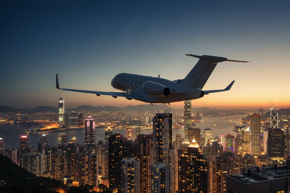 A private jet flies over a sprawling, illuminated city and harbor at dusk.