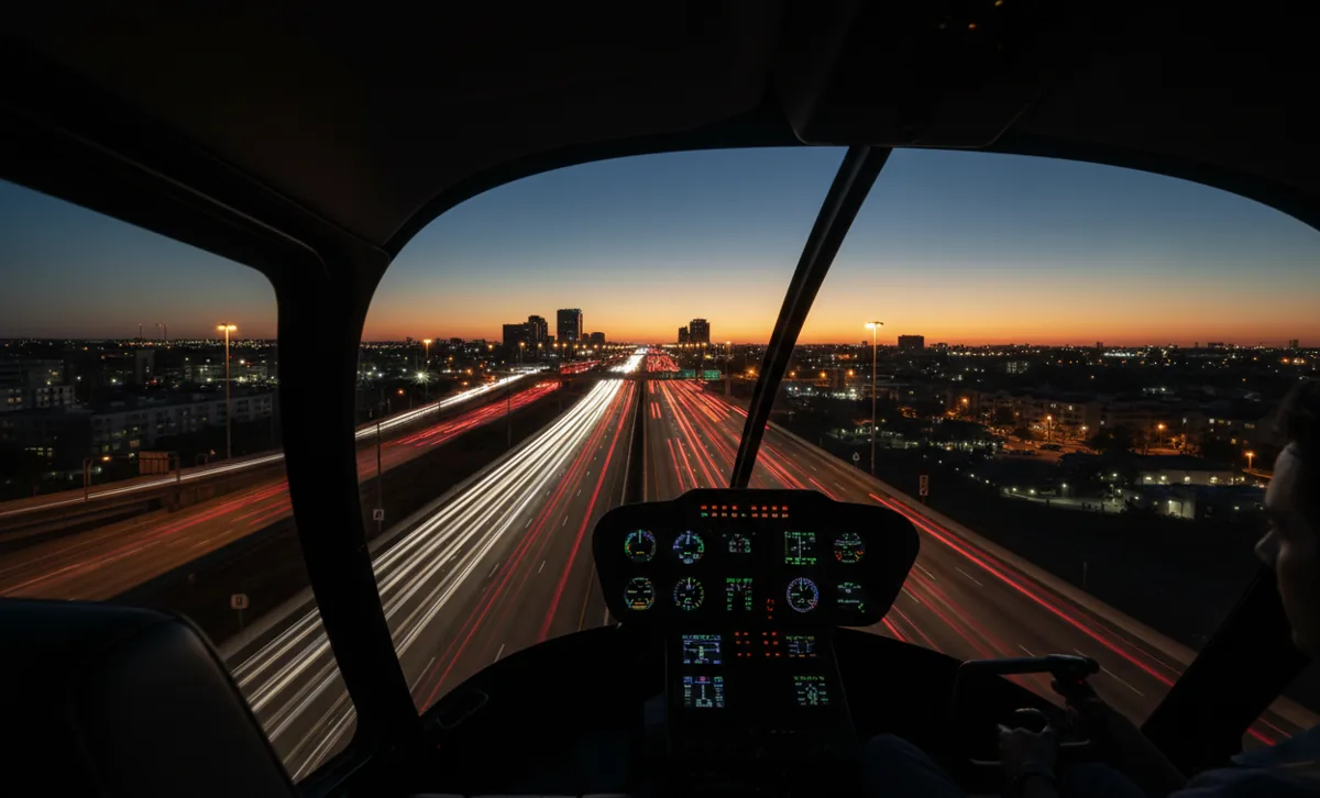 The view from a helicopter cockpit flying over a city at night, with streaks of light from traffic on the highways below.