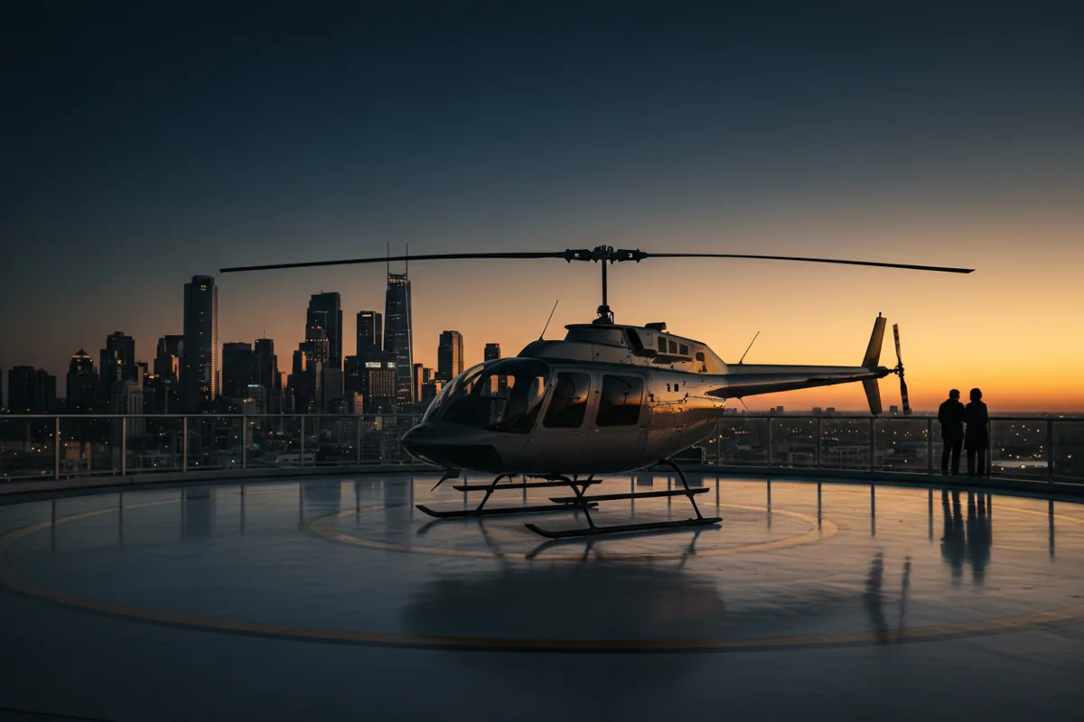 A Bell 407 helicopter parked on a city rooftop helipad at sunrise.