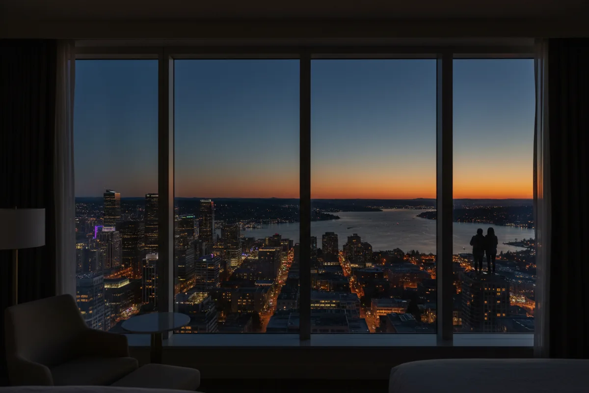 The Bellevue city skyline and Lake Washington at twilight, viewed from a luxury high-rise window.