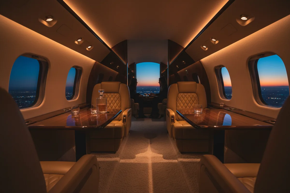 The luxurious interior of a private jet cabin with leather seats and warm ambient lighting at dusk.